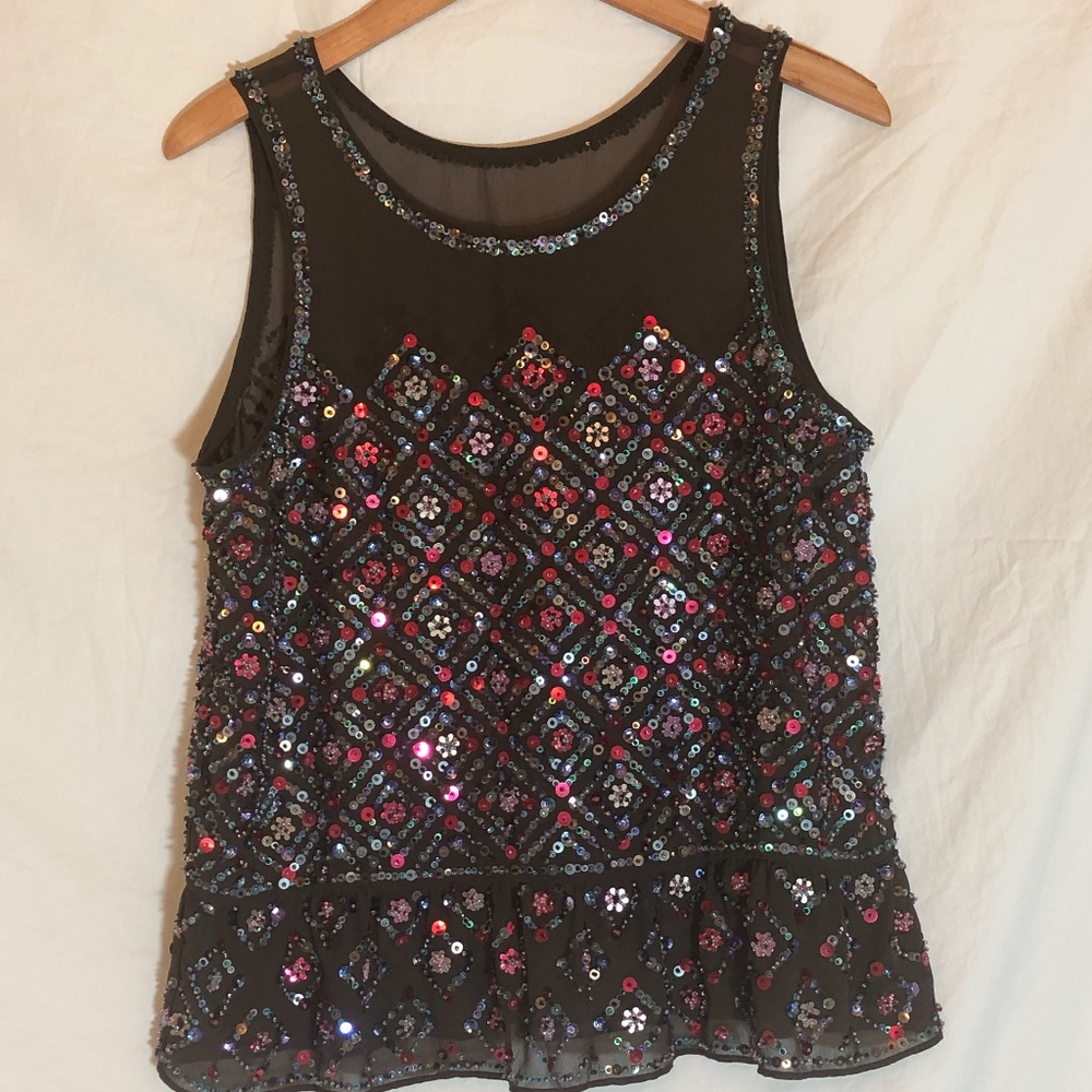 Anthropologie Sheer Beaded Peplum Tank - Brown